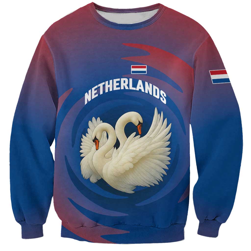 Netherlands Sweatshirt with Swan Couple Graphic and Dutch Flag in Gradient Red and Blue Design - Wonder Print Shop