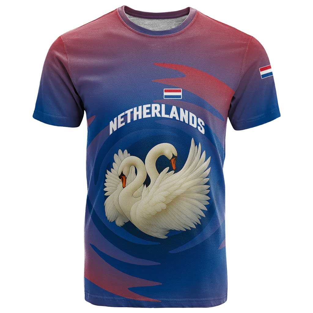 Netherlands T Shirt with Swan Couple Graphic and Dutch Flag in Gradient Red and Blue Design - Wonder Print Shop