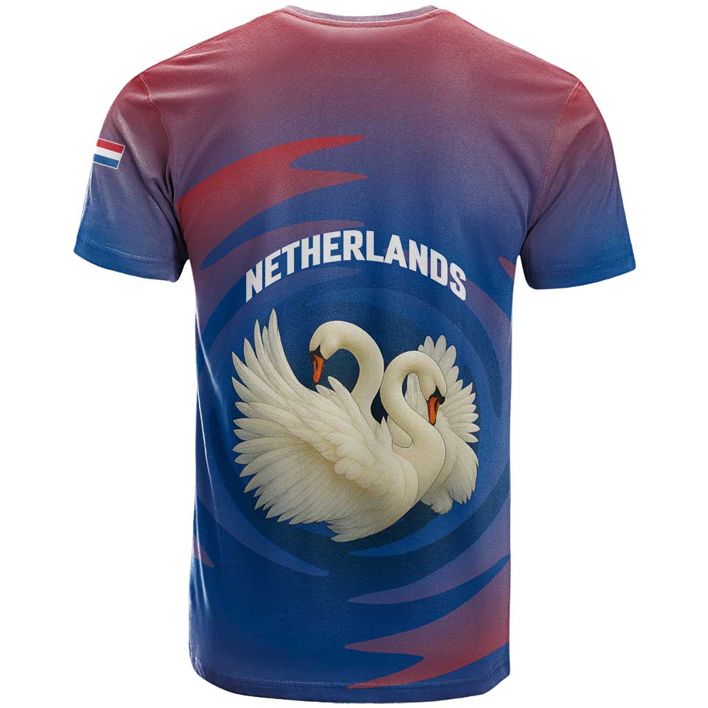 Netherlands T Shirt with Swan Couple Graphic and Dutch Flag in Gradient Red and Blue Design - Wonder Print Shop