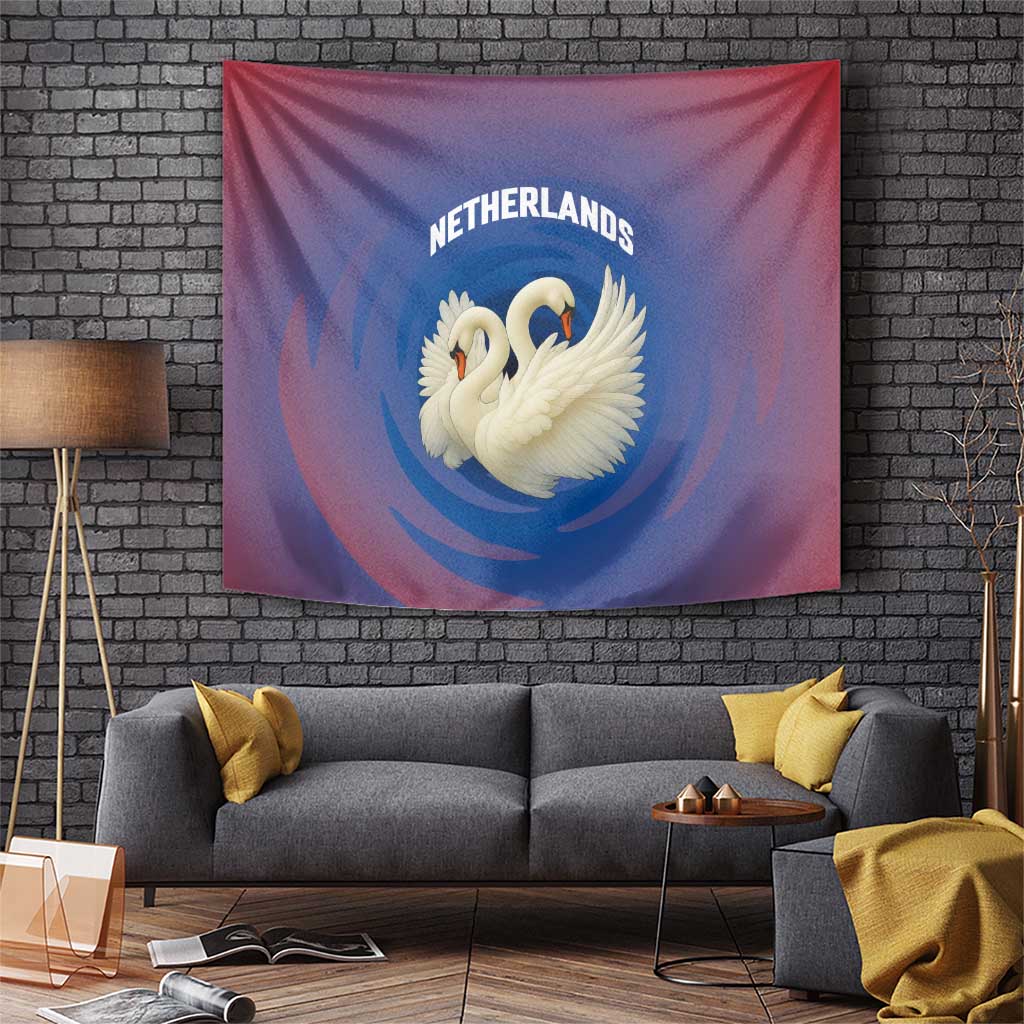 Netherlands Tapestry with Swan Couple Graphic and Dutch Flag in Gradient Red and Blue Design - Wonder Print Shop