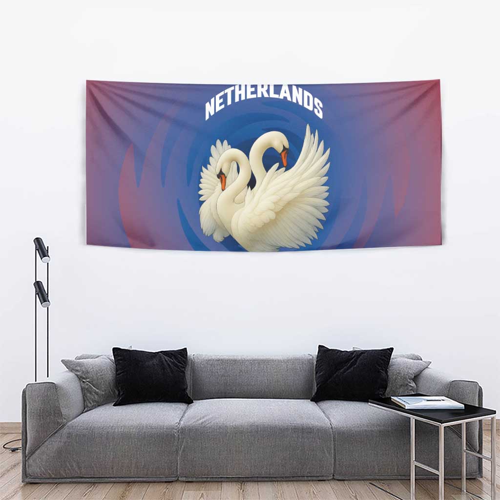 Netherlands Tapestry with Swan Couple Graphic and Dutch Flag in Gradient Red and Blue Design - Wonder Print Shop
