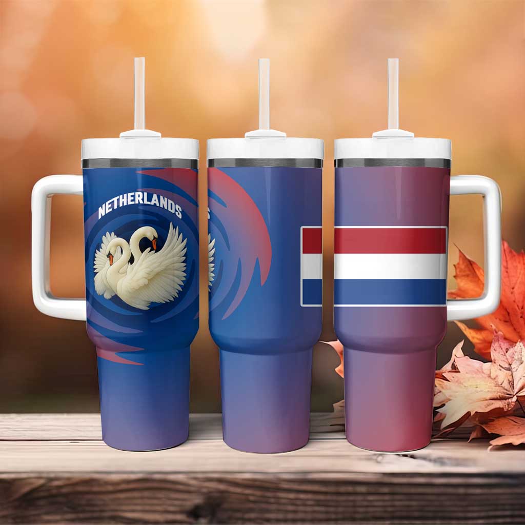Netherlands Tumbler With Handle with Swan Couple Graphic and Dutch Flag in Gradient Red and Blue Design - Wonder Print Shop
