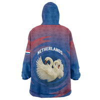 Netherlands Wearable Blanket Hoodie with Swan Couple Graphic and Dutch Flag in Gradient Red and Blue Design - Wonder Print Shop