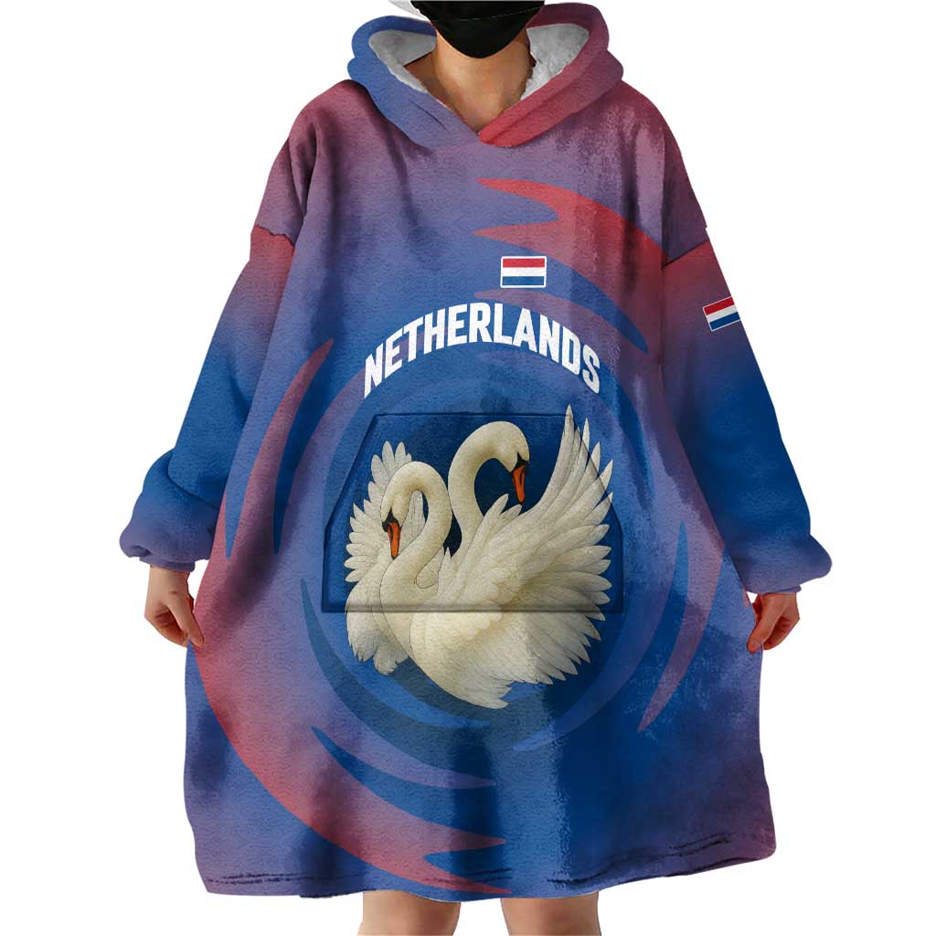 Netherlands Wearable Blanket Hoodie with Swan Couple Graphic and Dutch Flag in Gradient Red and Blue Design - Wonder Print Shop