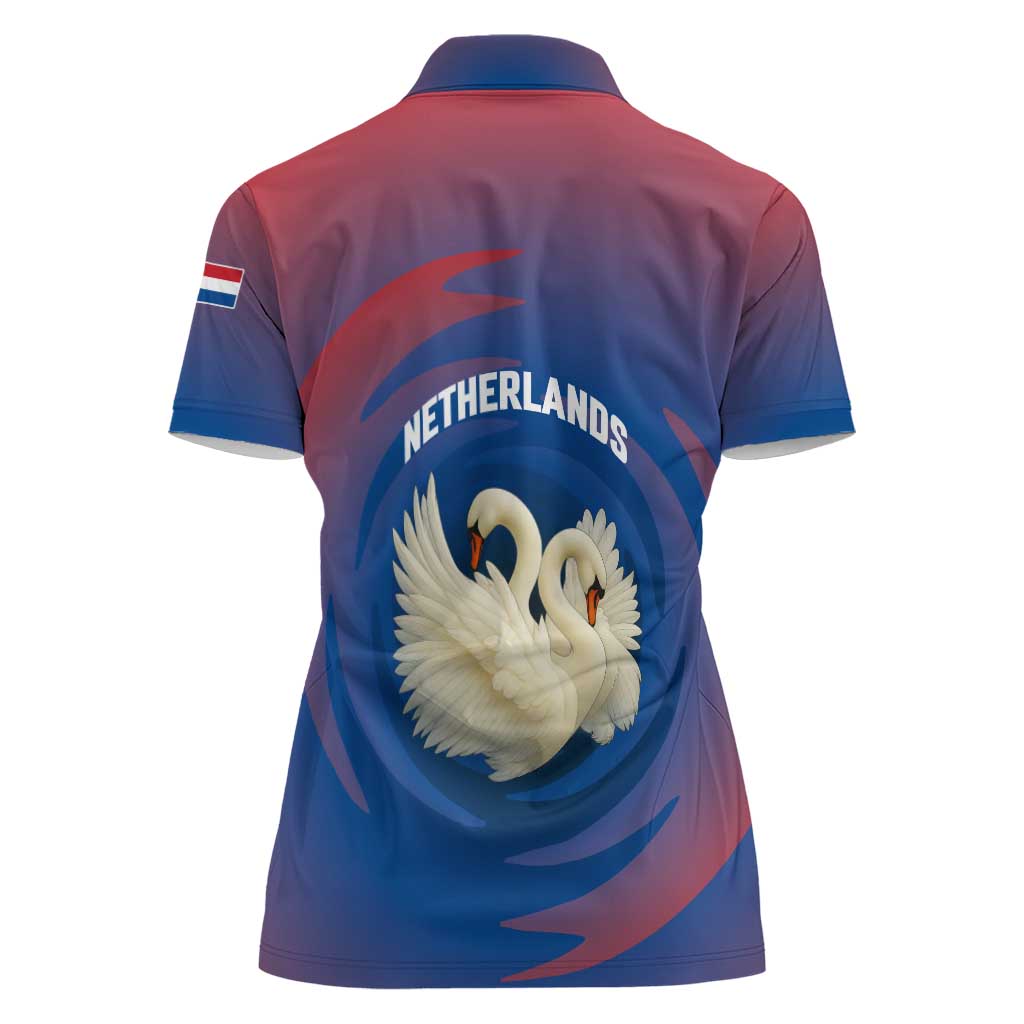 Netherlands Women Polo Shirt with Swan Couple Graphic and Dutch Flag in Gradient Red and Blue Design - Wonder Print Shop