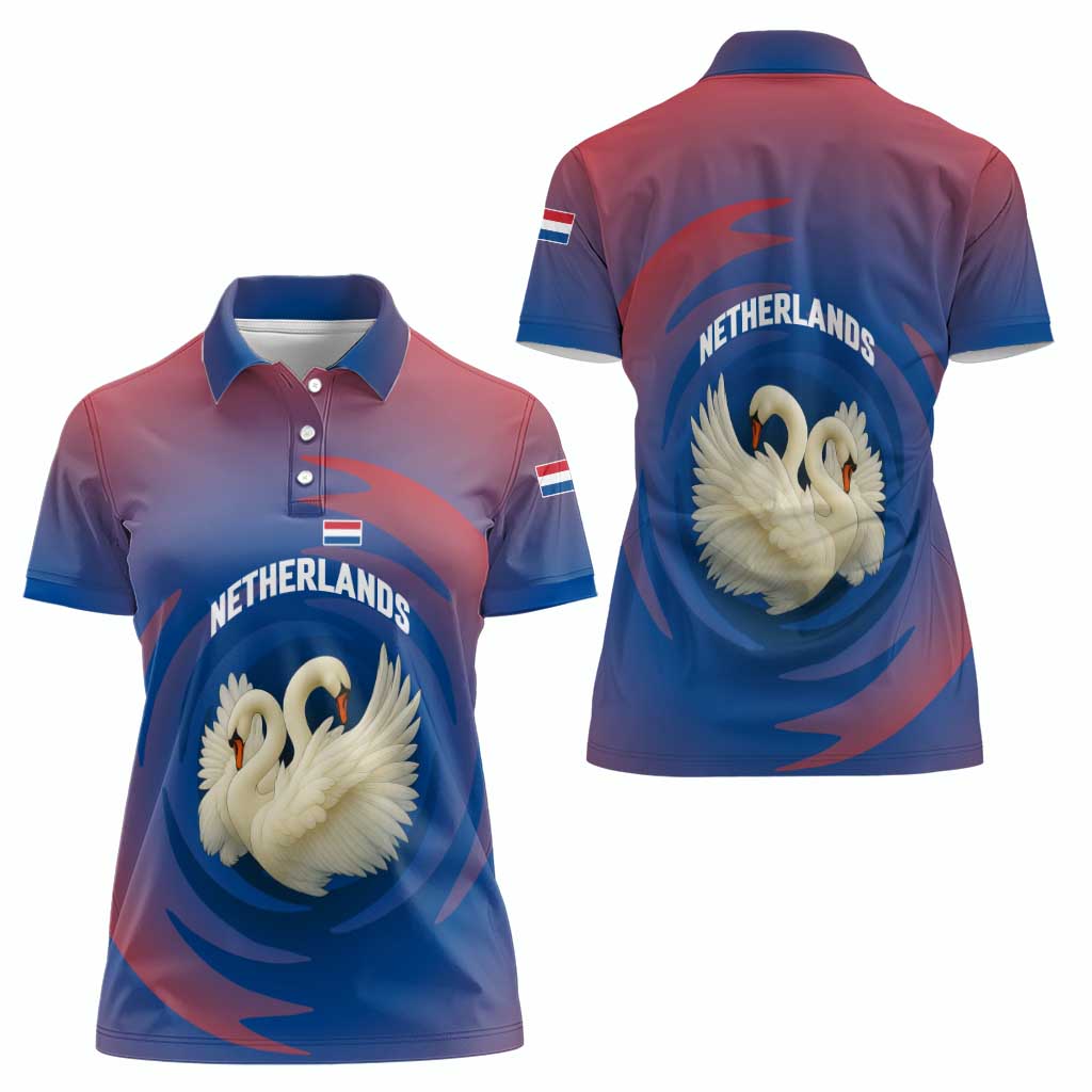 Netherlands Women Polo Shirt with Swan Couple Graphic and Dutch Flag in Gradient Red and Blue Design - Wonder Print Shop