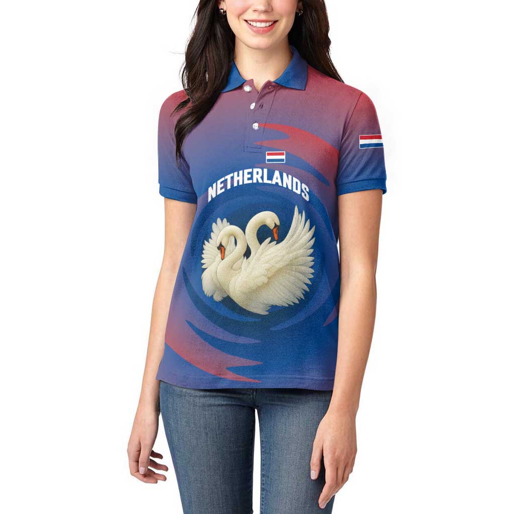 Netherlands Women Polo Shirt with Swan Couple Graphic and Dutch Flag in Gradient Red and Blue Design - Wonder Print Shop