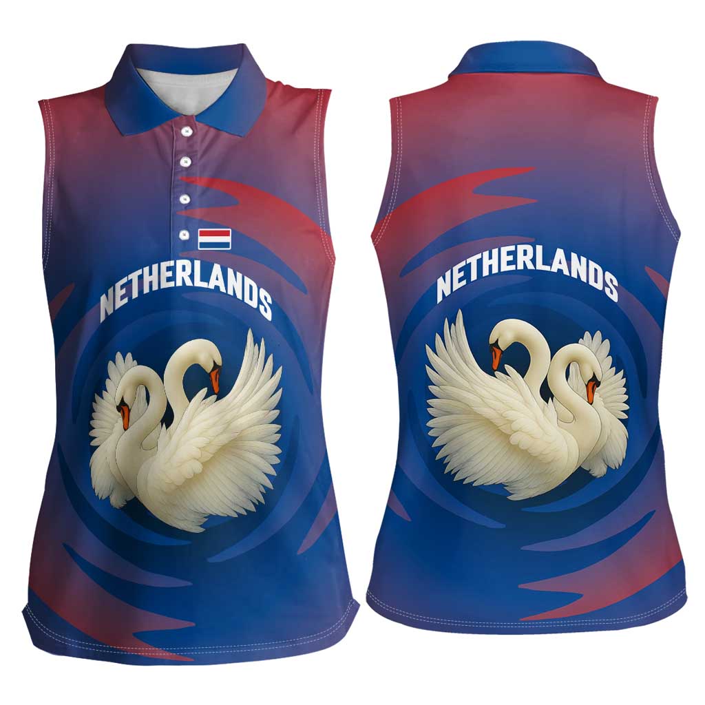 Netherlands Women Sleeveless Polo Shirt with Swan Couple Graphic and Dutch Flag in Gradient Red and Blue Design - Wonder Print Shop