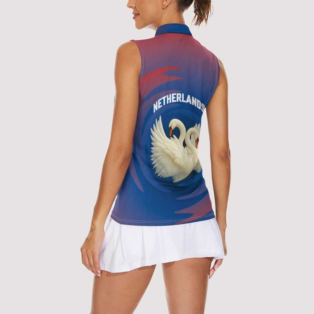 Netherlands Women Sleeveless Polo Shirt with Swan Couple Graphic and Dutch Flag in Gradient Red and Blue Design - Wonder Print Shop