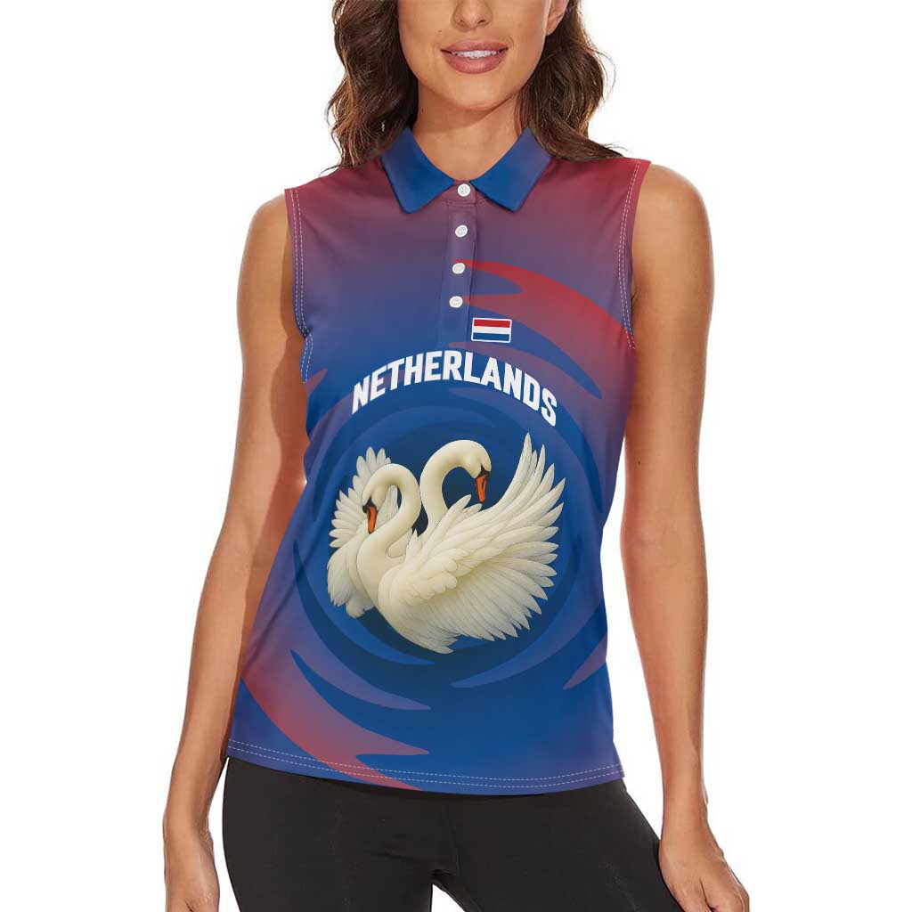 Netherlands Women Sleeveless Polo Shirt with Swan Couple Graphic and Dutch Flag in Gradient Red and Blue Design - Wonder Print Shop