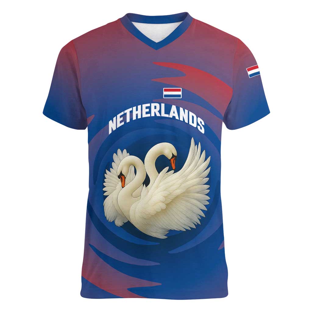 Netherlands Women V-Neck T-Shirt with Swan Couple Graphic and Dutch Flag in Gradient Red and Blue Design - Wonder Print Shop
