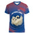 Netherlands Women V-Neck T-Shirt with Swan Couple Graphic and Dutch Flag in Gradient Red and Blue Design - Wonder Print Shop