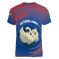Netherlands Women V-Neck T-Shirt with Swan Couple Graphic and Dutch Flag in Gradient Red and Blue Design - Wonder Print Shop