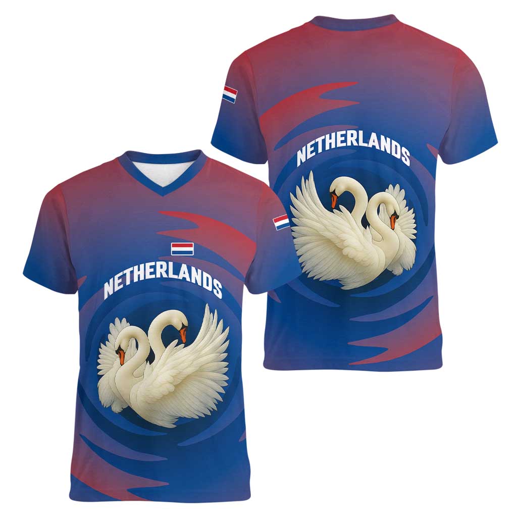 Netherlands Women V-Neck T-Shirt with Swan Couple Graphic and Dutch Flag in Gradient Red and Blue Design - Wonder Print Shop