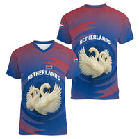 Netherlands Women V-Neck T-Shirt with Swan Couple Graphic and Dutch Flag in Gradient Red and Blue Design - Wonder Print Shop
