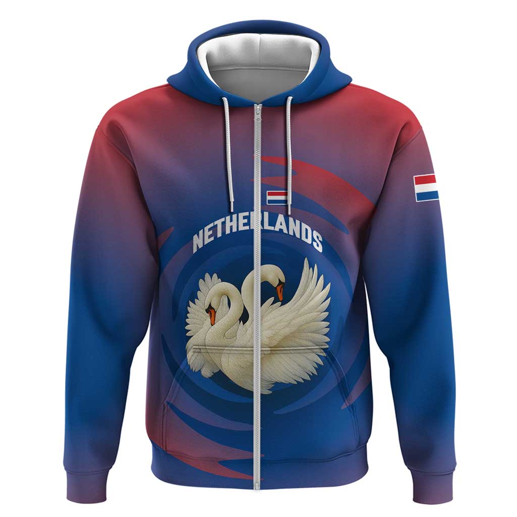 Netherlands Zip Hoodie with Swan Couple Graphic and Dutch Flag in Gradient Red and Blue Design - Wonder Print Shop
