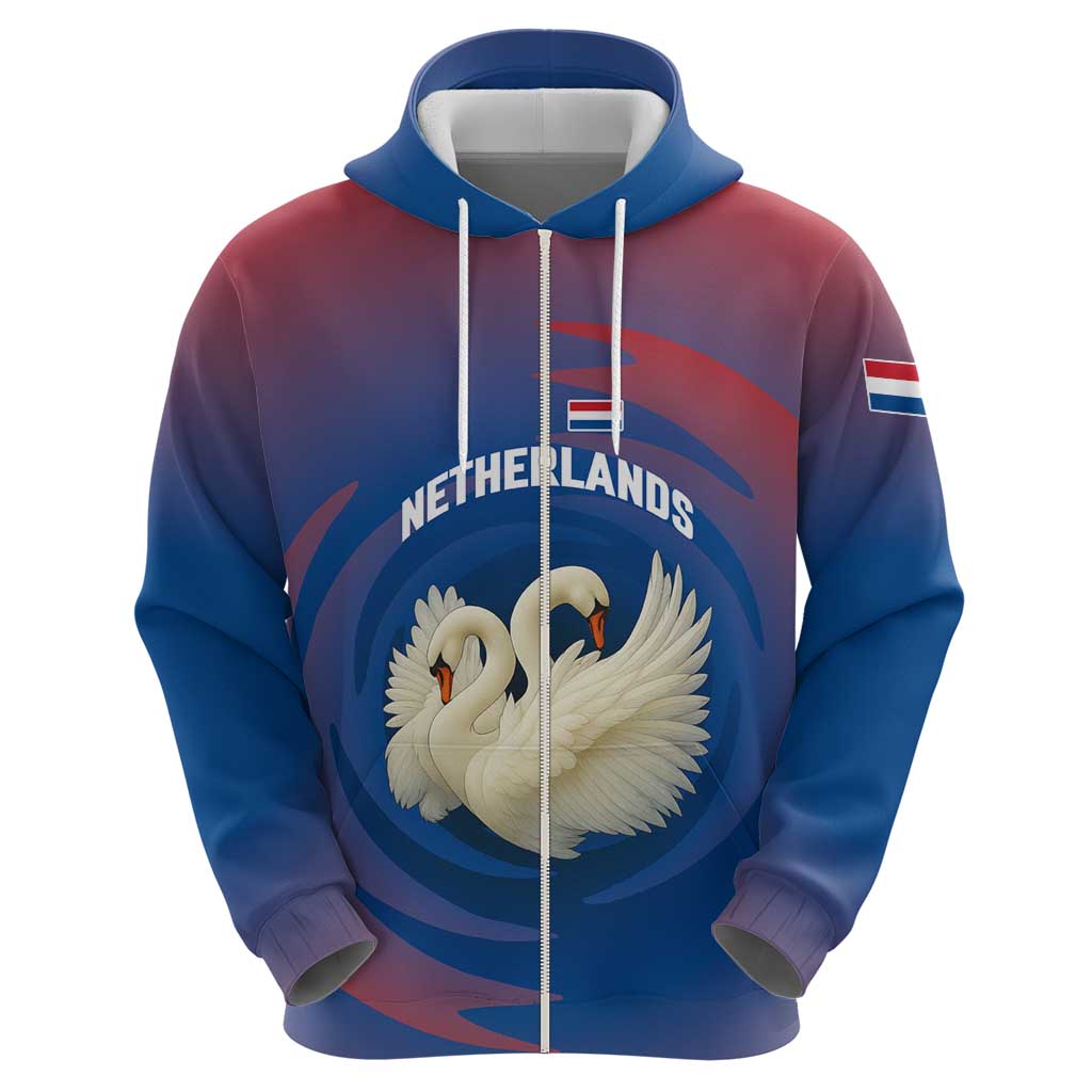 Netherlands Zip Hoodie with Swan Couple Graphic and Dutch Flag in Gradient Red and Blue Design - Wonder Print Shop