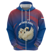 Netherlands Zip Hoodie with Swan Couple Graphic and Dutch Flag in Gradient Red and Blue Design - Wonder Print Shop