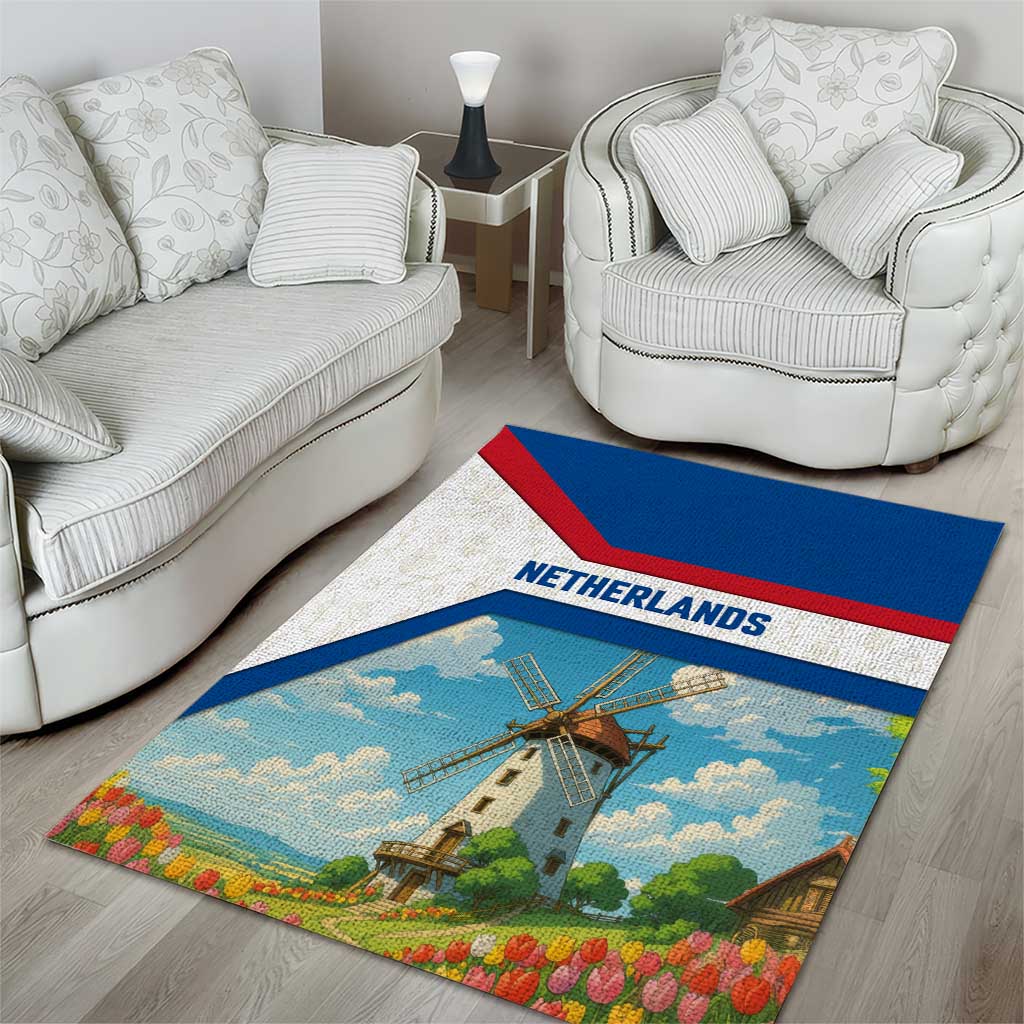 Netherlands Area Rug Dutch Windmill and Tulip Field Landscape in National Flag Colors - Wonder Print Shop