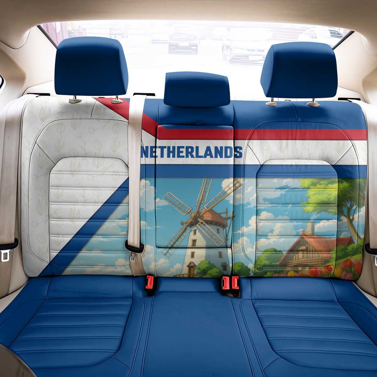 Netherlands Back Car Seat Cover Dutch Windmill and Tulip Field Landscape in National Flag Colors - Wonder Print Shop