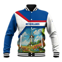 Netherlands Baseball Jacket Dutch Windmill and Tulip Field Landscape in National Flag Colors - Wonder Print Shop
