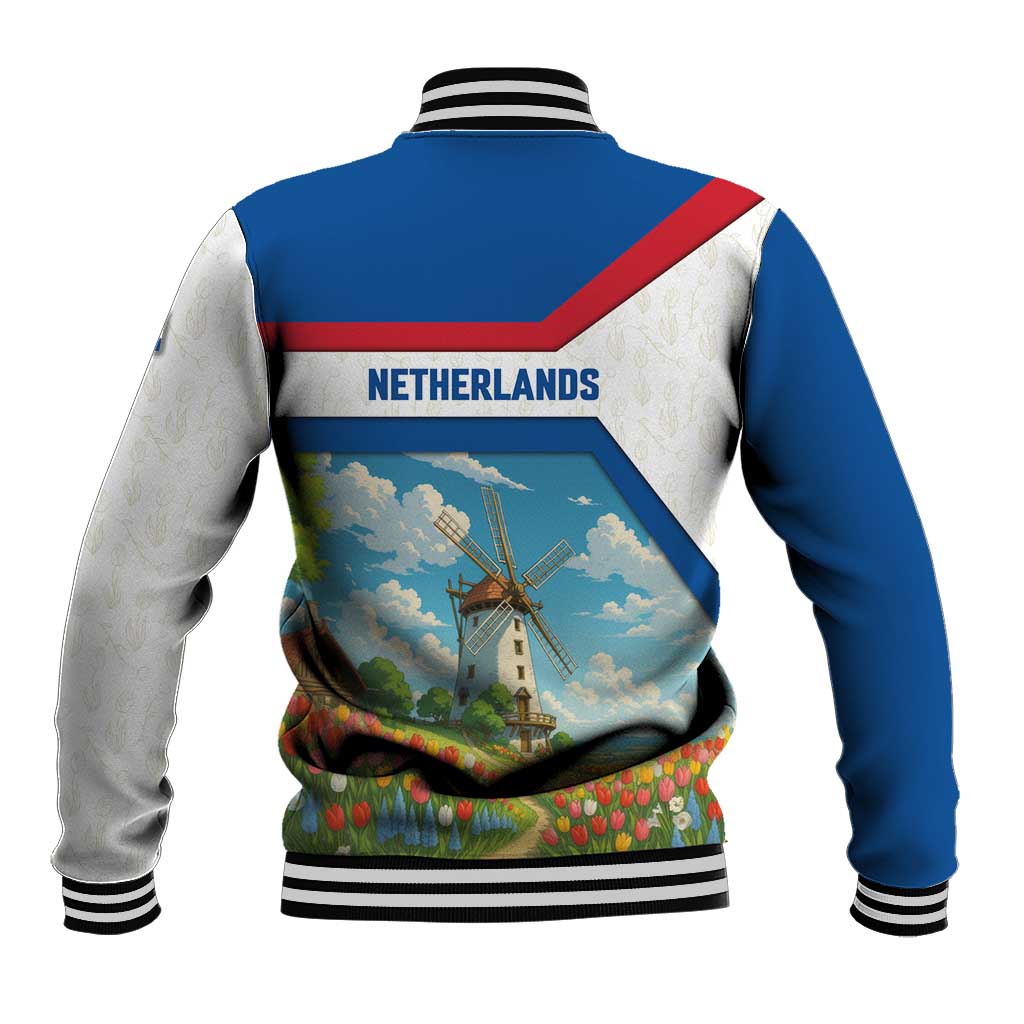 Netherlands Baseball Jacket Dutch Windmill and Tulip Field Landscape in National Flag Colors - Wonder Print Shop
