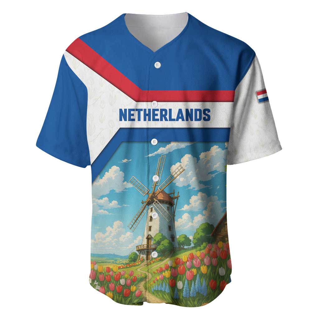 Netherlands Baseball Jersey Dutch Windmill and Tulip Field Landscape in National Flag Colors - Wonder Print Shop