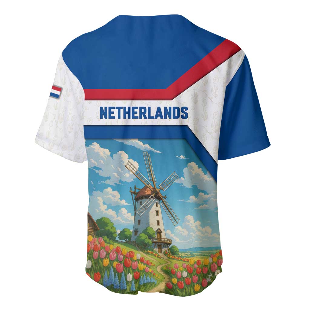 Netherlands Baseball Jersey Dutch Windmill and Tulip Field Landscape in National Flag Colors - Wonder Print Shop