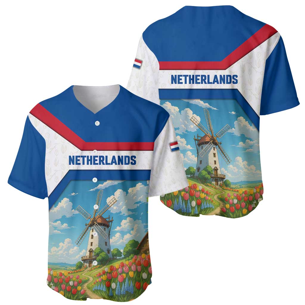 Netherlands Baseball Jersey Dutch Windmill and Tulip Field Landscape in National Flag Colors - Wonder Print Shop