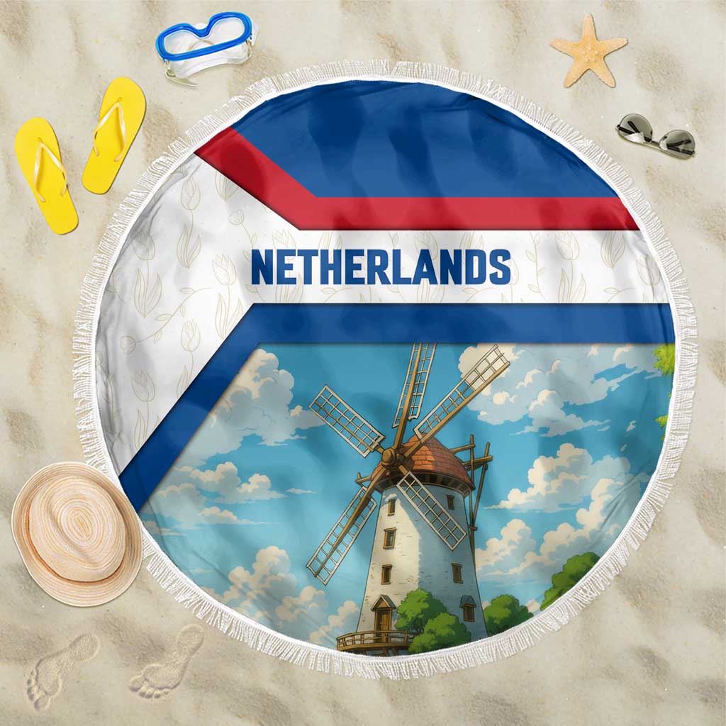Netherlands Beach Blanket Dutch Windmill and Tulip Field Landscape in National Flag Colors - Wonder Print Shop