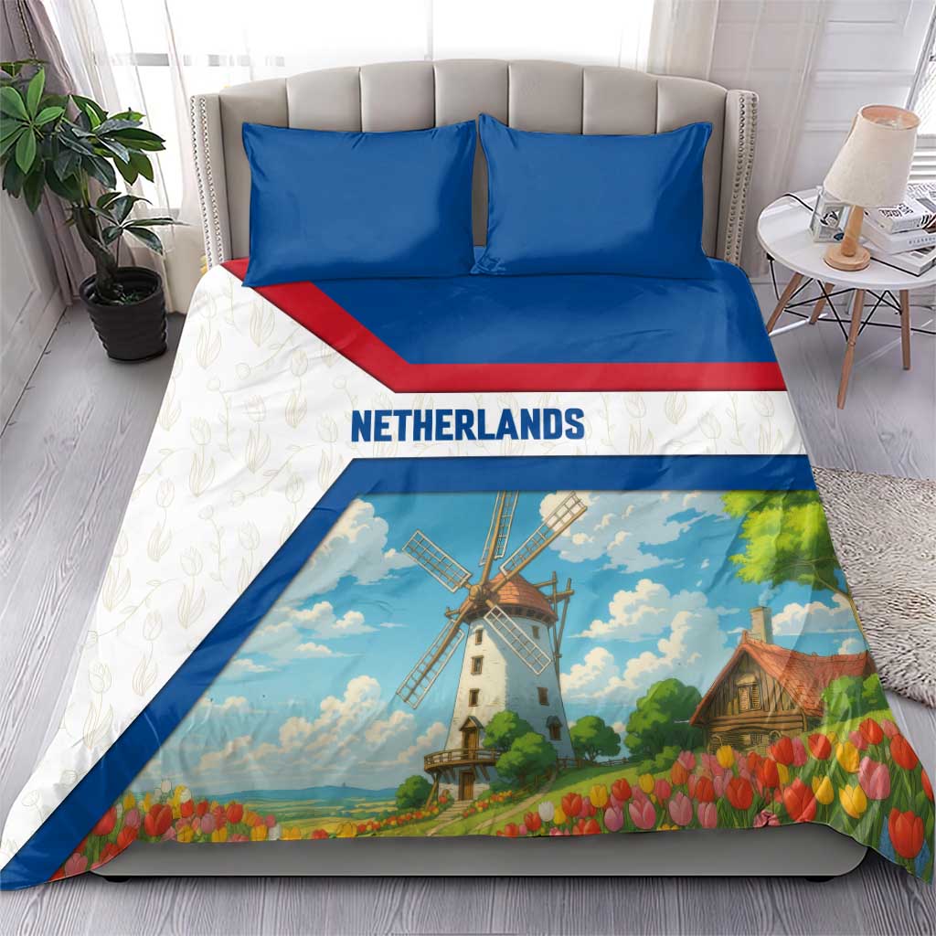 Netherlands Bedding Set Dutch Windmill and Tulip Field Landscape in National Flag Colors - Wonder Print Shop