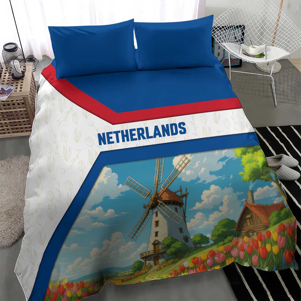 Netherlands Bedding Set Dutch Windmill and Tulip Field Landscape in National Flag Colors - Wonder Print Shop