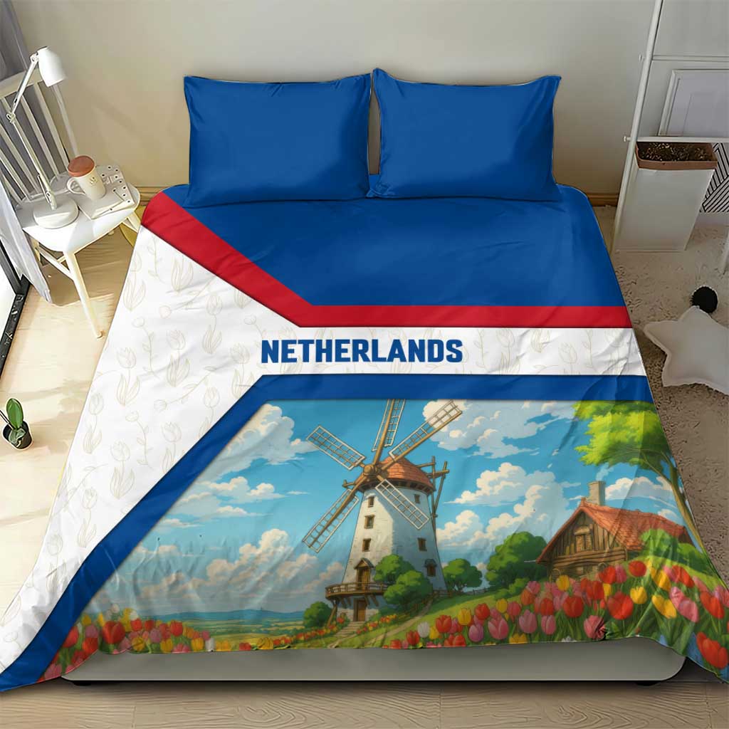 Netherlands Bedding Set Dutch Windmill and Tulip Field Landscape in National Flag Colors - Wonder Print Shop