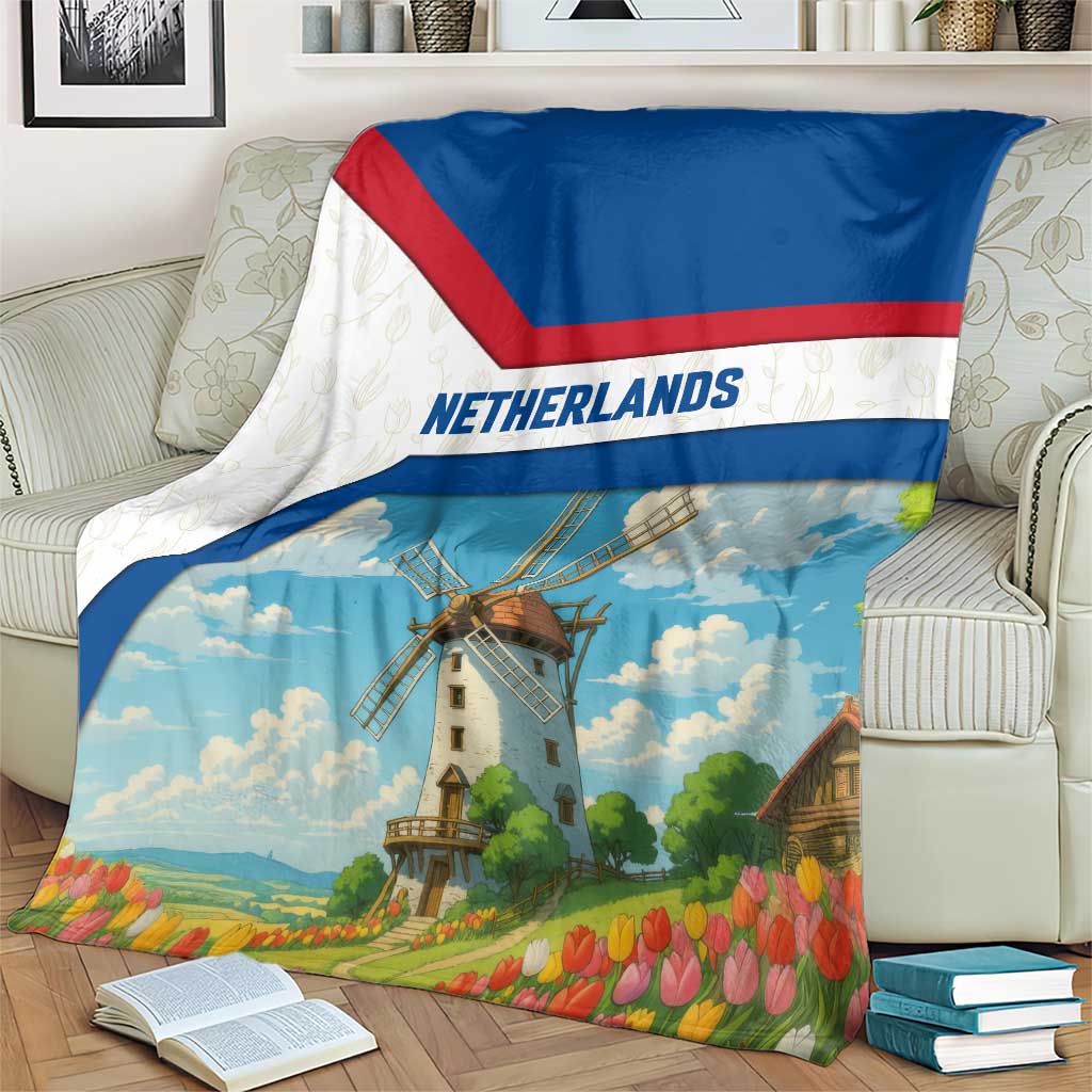 Netherlands Blanket Dutch Windmill and Tulip Field Landscape in National Flag Colors - Wonder Print Shop
