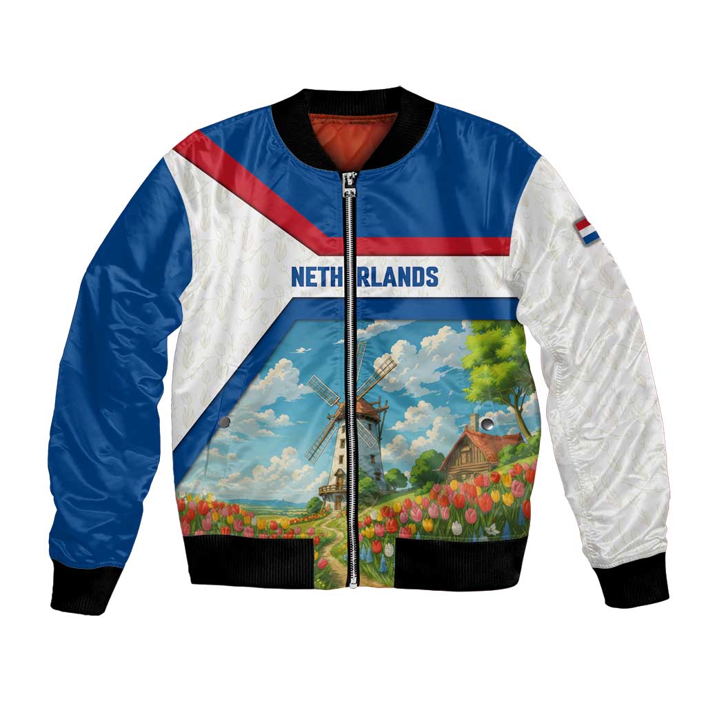 Netherlands Bomber Jacket Dutch Windmill and Tulip Field Landscape in National Flag Colors - Wonder Print Shop