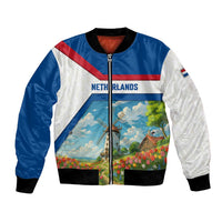 Netherlands Bomber Jacket Dutch Windmill and Tulip Field Landscape in National Flag Colors - Wonder Print Shop