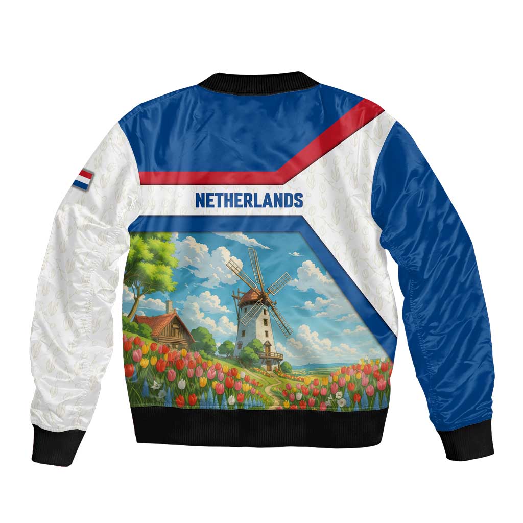 Netherlands Bomber Jacket Dutch Windmill and Tulip Field Landscape in National Flag Colors - Wonder Print Shop