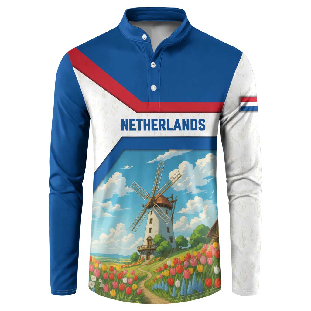 Netherlands Button Sweatshirt Dutch Windmill and Tulip Field Landscape in National Flag Colors - Wonder Print Shop