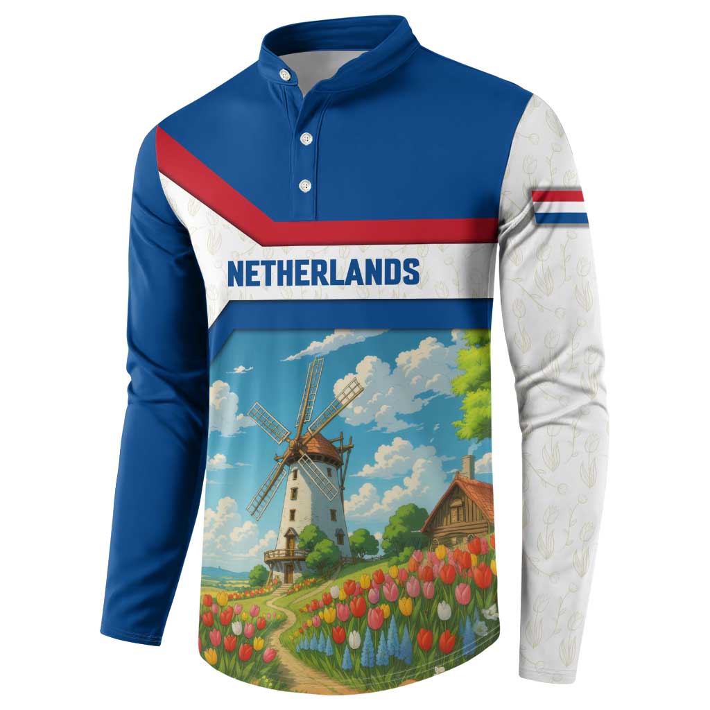 Netherlands Button Sweatshirt Dutch Windmill and Tulip Field Landscape in National Flag Colors - Wonder Print Shop