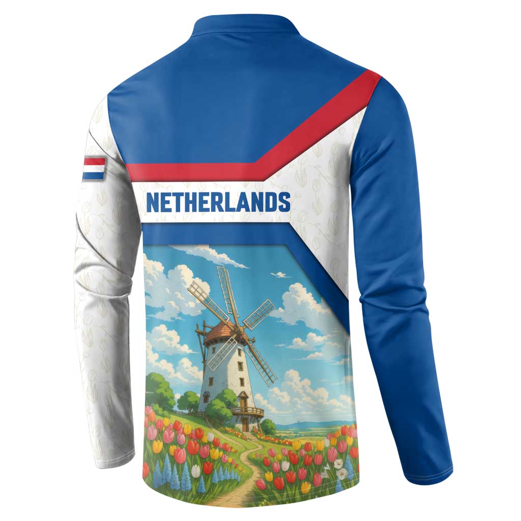 Netherlands Button Sweatshirt Dutch Windmill and Tulip Field Landscape in National Flag Colors - Wonder Print Shop