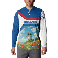 Netherlands Button Sweatshirt Dutch Windmill and Tulip Field Landscape in National Flag Colors - Wonder Print Shop