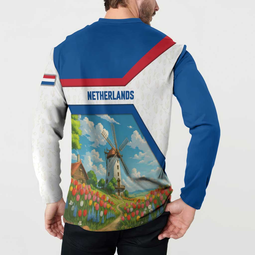 Netherlands Button Sweatshirt Dutch Windmill and Tulip Field Landscape in National Flag Colors - Wonder Print Shop