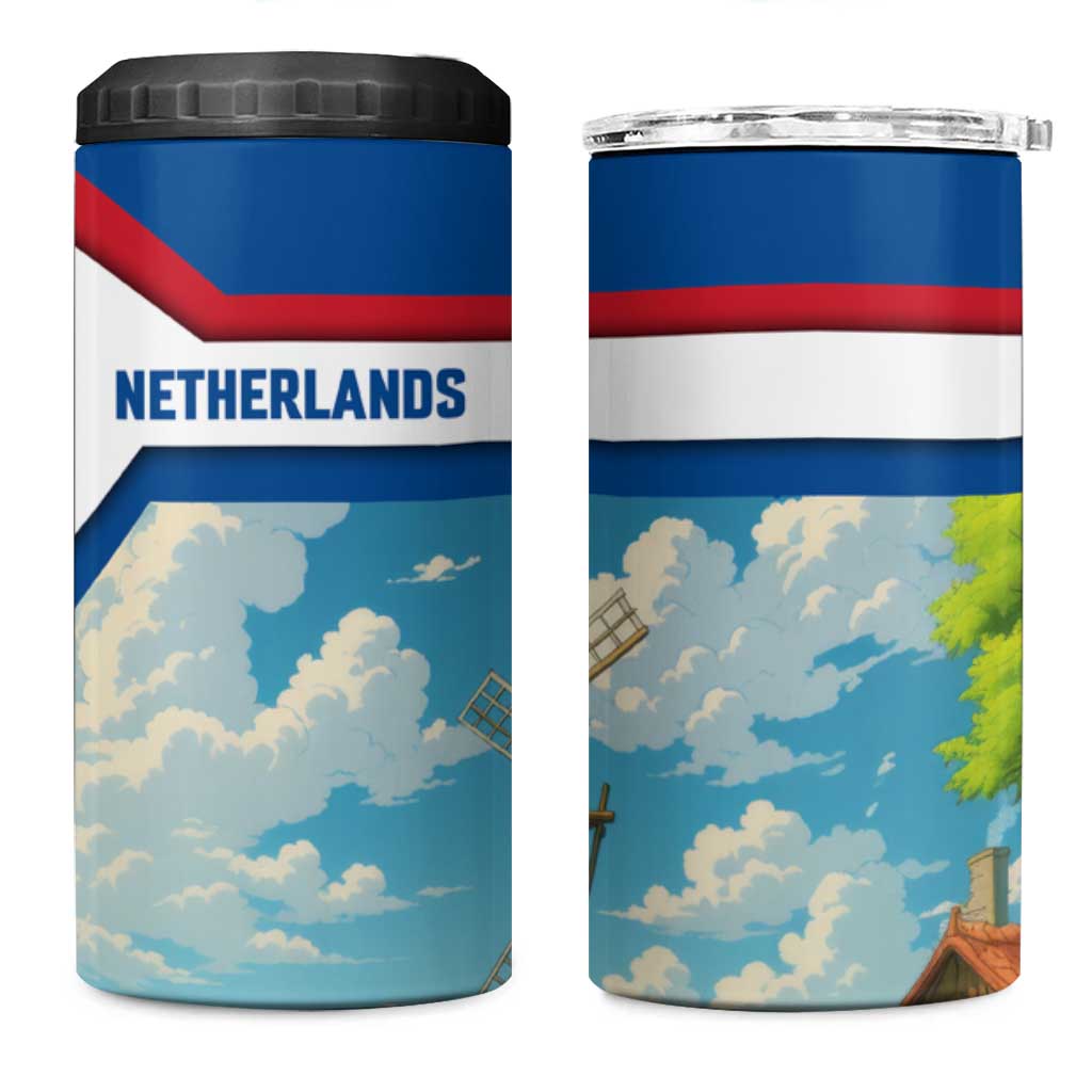 Netherlands 4 in 1 Can Cooler Tumbler Dutch Windmill and Tulip Field Landscape in National Flag Colors - Wonder Print Shop