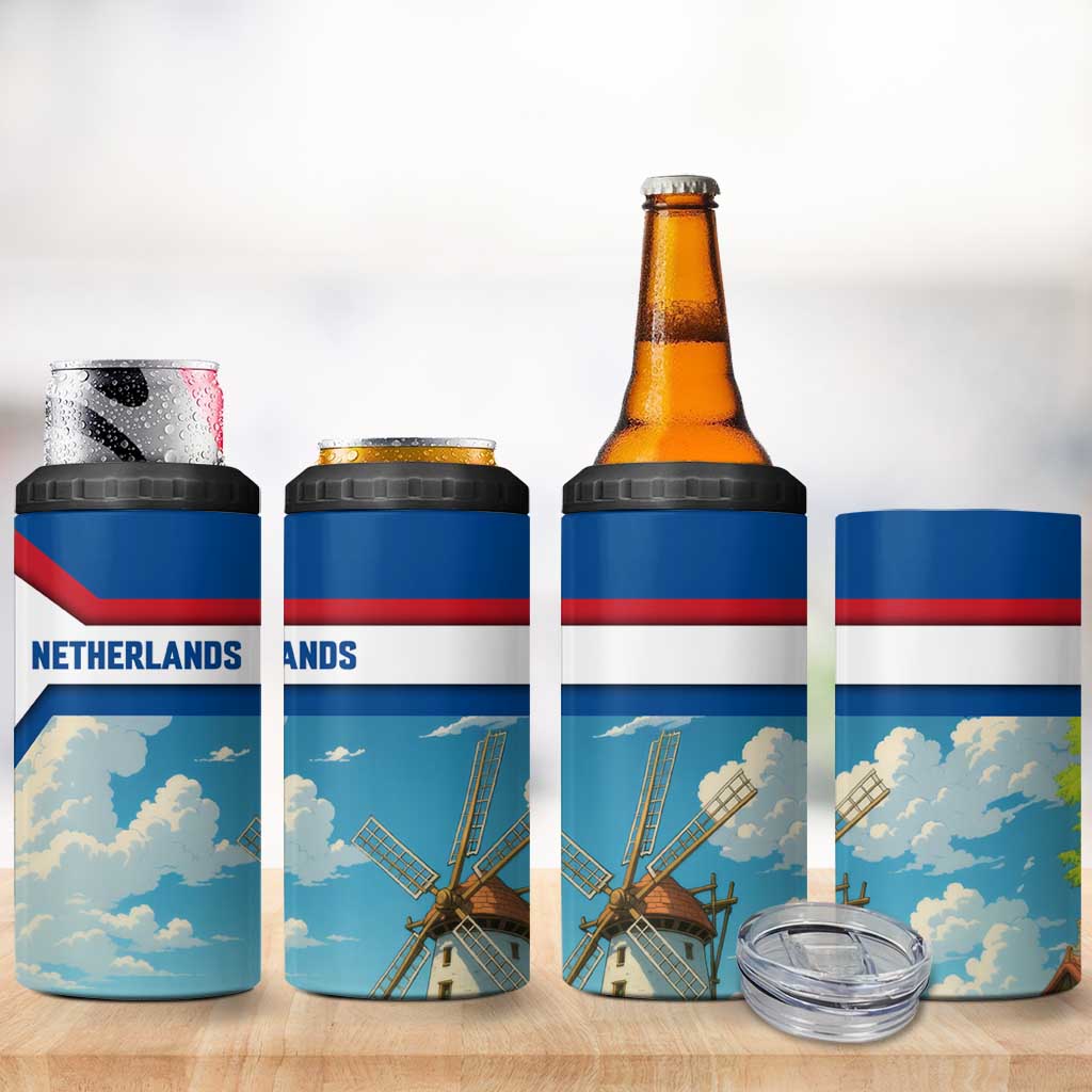 Netherlands 4 in 1 Can Cooler Tumbler Dutch Windmill and Tulip Field Landscape in National Flag Colors - Wonder Print Shop