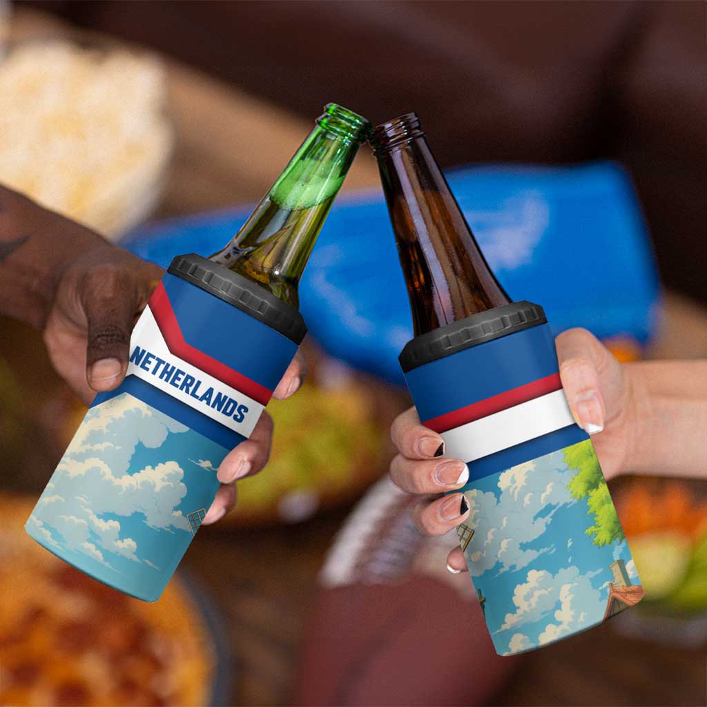 Netherlands 4 in 1 Can Cooler Tumbler Dutch Windmill and Tulip Field Landscape in National Flag Colors - Wonder Print Shop