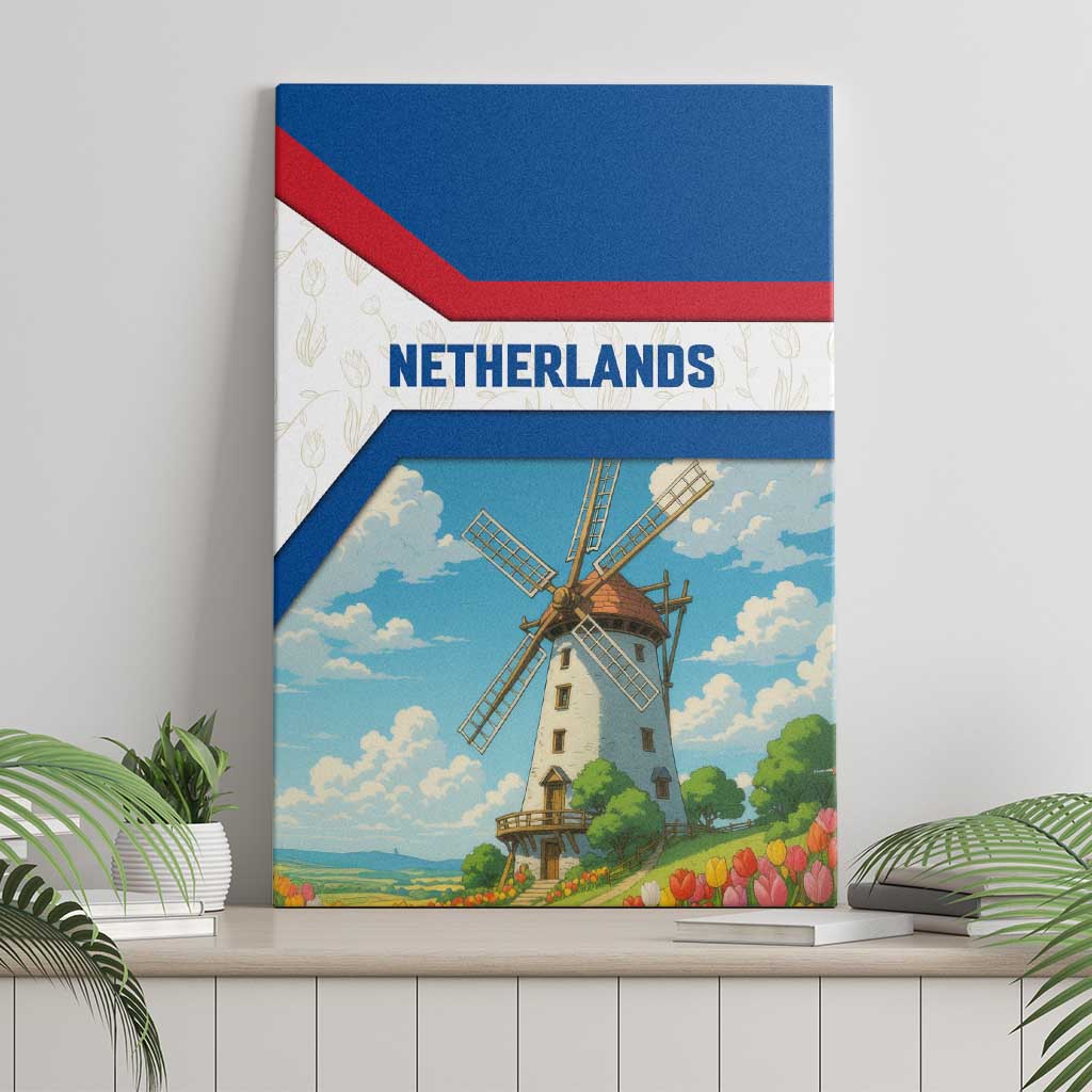 Netherlands Canvas Wall Art Dutch Windmill and Tulip Field Landscape in National Flag Colors - Wonder Print Shop