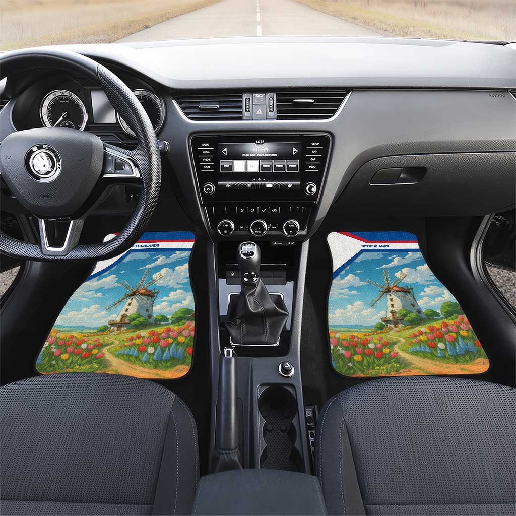 Netherlands Car Mats Dutch Windmill and Tulip Field Landscape in National Flag Colors - Wonder Print Shop
