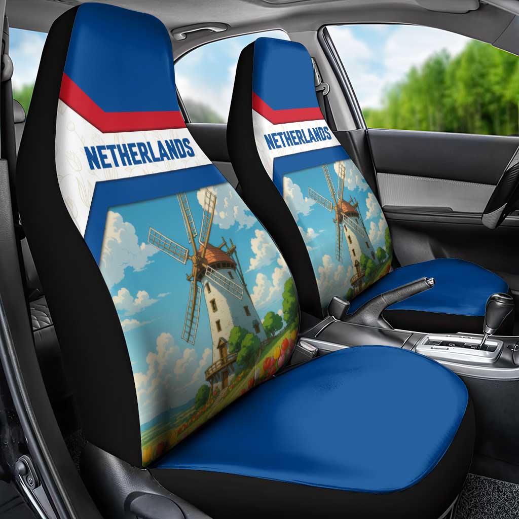 Netherlands Car Seat Cover Dutch Windmill and Tulip Field Landscape in National Flag Colors - Wonder Print Shop