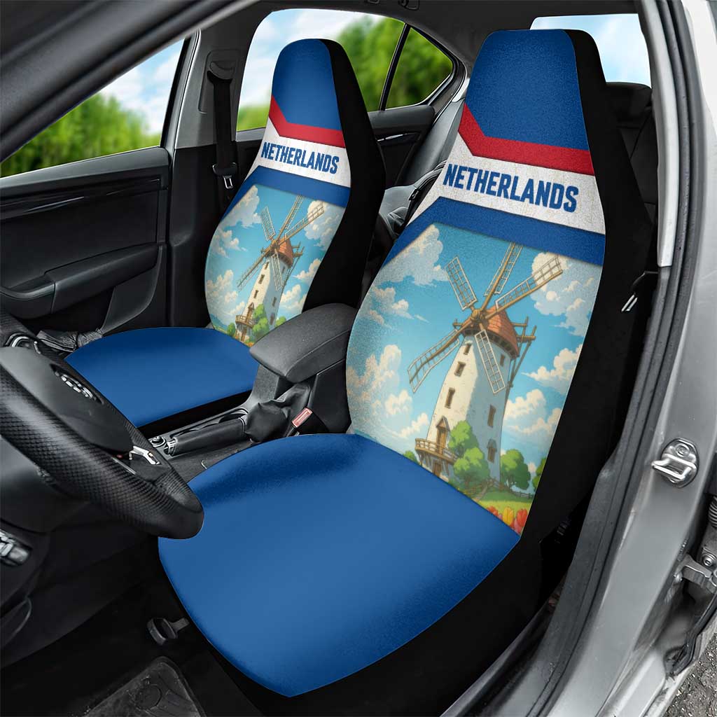 Netherlands Car Seat Cover Dutch Windmill and Tulip Field Landscape in National Flag Colors - Wonder Print Shop