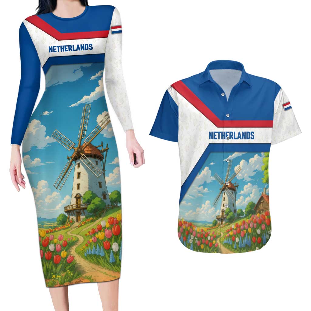 Netherlands Couples Matching Long Sleeve Bodycon Dress and Hawaiian Shirt Dutch Windmill and Tulip Field Landscape in National Flag Colors - Wonder Print Shop
